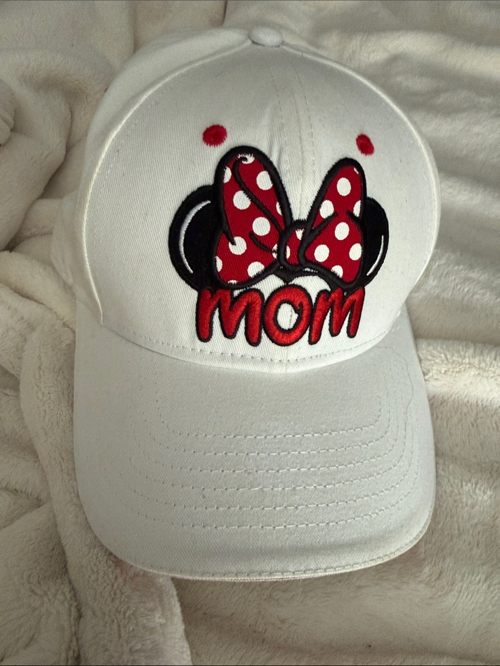 White 'Mom' Disney Baseball Cap with Red Polka Dot Bow